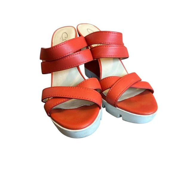 Charly Amar Leather Wedge Sandals Slides Bold Coral Strappy Size 10 Women's - Picture 2 of 14